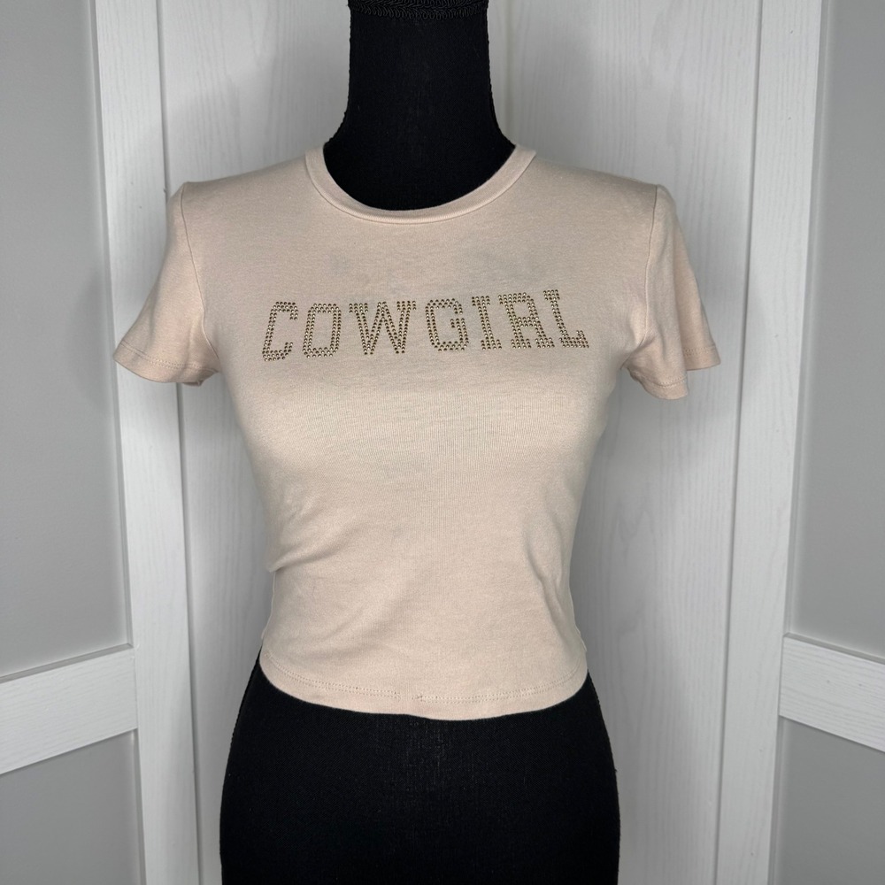 OG Babe T-Shirt‎ Womens Small Beige Rhinestone Cowgirl Graphic Ribbed Tee NT1231